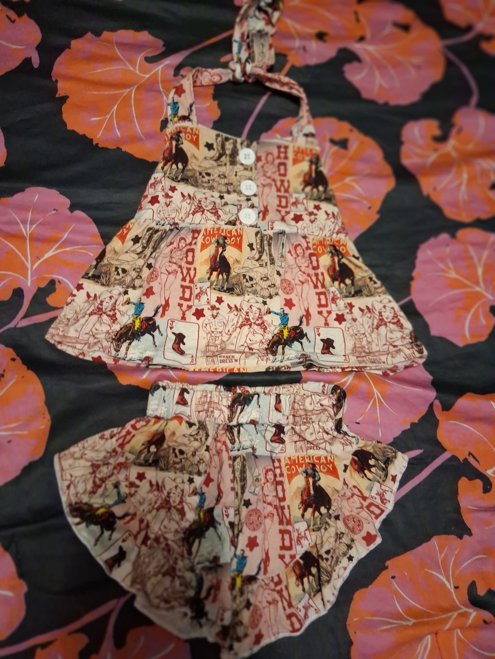 Bamboo Western Cowboy Print Halter Top & Bloomers Set - Pink Beige